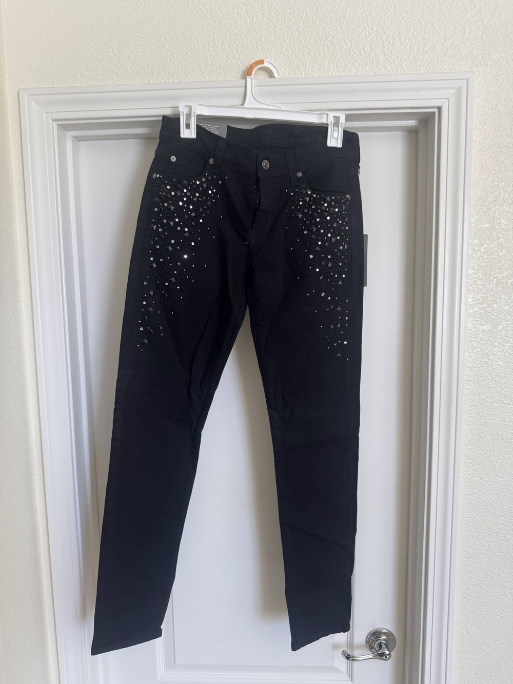 7 For All Mankind Black Skinny Jeans with Crystal Embellishments